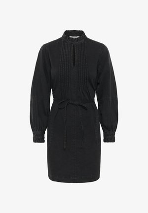 Mustast denimkleit piklike puffvarrukkatega, volangkaelusega, esiklahingu, pintuck-üksikasjade ja vöödega, mis võimaldab reguleerida sobivust.