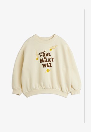 Cream-colored sweatshirt with "M. Rodini on The Milky Way" text and yellow space-themed graphics including stars and a planet.
