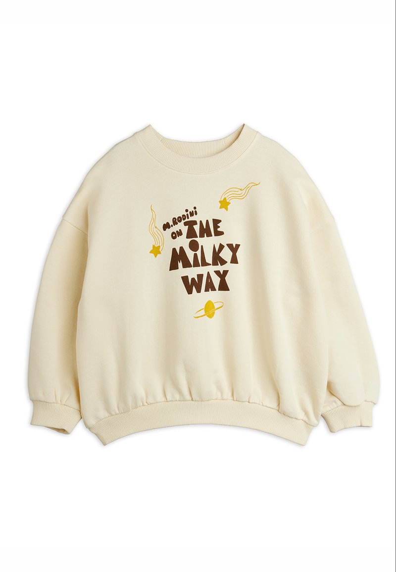 Φούτερ εκρού με το κείμενο «M. Rodini on The Milky Way» και κίτρινα διαστημικά γραφικά που περιλαμβάνουν αστέρια και έναν πλανήτη.