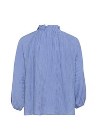 Blouse bleu clair avec une finition texturée, manches longues et col froncé. Coupe ample, avec des motifs froissés verticaux subtils.