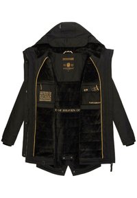 Black jacket with a hood, featuring a soft black interior, gold accents, multiple pockets, and a zipper closure. Text and logos are visible.