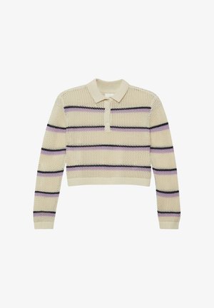 Pull polo court en tricot crème à manches longues avec des rayures horizontales lavande et noires et une patte de boutonnage à trois boutons sur le devant.