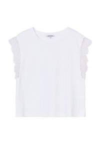 Valkoinen lyhythihainen paita pyöreällä kaulahihnalla, jossa on monimutkaisia valkoisia pitsikoristeita olkapäillä ja rento istuvuus.