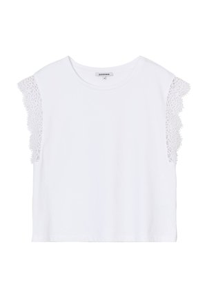 Biała bluzka krótki rękaw z okrągłym dekoltem, z misternymi białymi koronkowymi akcentami na ramionach i luźnym krojem.