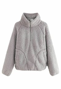 Pullover fleecejakke i lysegrå, med høj krave, halv lynlås foran, og struktureret, fluffy stof med sidelommer.
