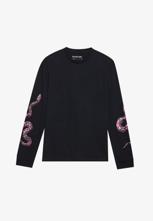 Schwarzes Langarm-T-Shirt aus Baumwolle, mit Grafik einer pinken Schlange auf dem linken Ärmel, rundem Ausschnitt und taillierten Bündchen.