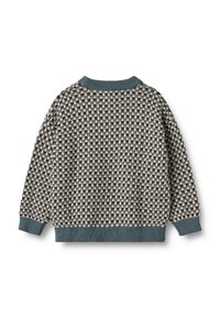 Gestrickter Pullover mit einem Muster aus Quadraten in Beige, Schwarz und Blau. Verfügt über einen gerippten blauen Kragen und Bündchen sowie eine lässige Passform.