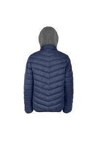 Marineblå oppustelig jakke med et chevron-quiltet design, der har en grå hætte. Ryggen har vandrette sømme og en lige skåret nederdel.