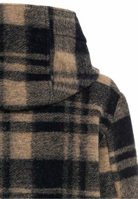 Wollen geblokte jacks met capuchon, voorzien van een geruit patroon in zwart en bruin, met een gestructureerd oppervlak en zachte, dikke stof.