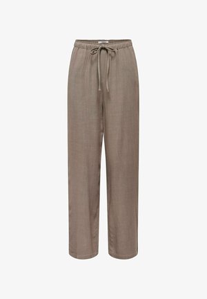 Lichtbruine, ontspannen pasvorm broek met elastische tailleband en trekkoordsluiting, gemaakt van getextureerde stof, geschikt voor casual dragen.