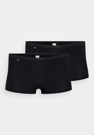 Black cotton boxer shorts, featuring a smooth texture, elastic waistband, and a cut-out leg design. Includes two identical pairs.