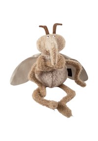 Plush toy resembling a fictional insect with large ears, long trunk-like nose, two brown antennae, beige wings, and fuzzy body and limbs.