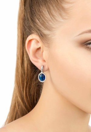 Silver earrings featuring a large, oval blue gemstone surrounded by smaller clear stones, hanging from a textured hoop design.