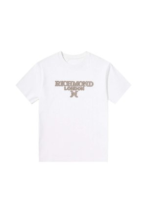 Maglietta bianca a maniche corte con testo beige ""RICHMOND LONDON X"" centrato sul petto.