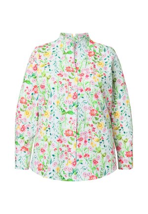 Camisa de botón floral de manga larga, con un fondo azul claro, vibrantes patrones florales en rosa, amarillo y verde, cuellos mao.