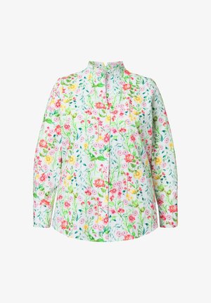 Bloemige overhemd met lange mouwen, met een lichtblauwe achtergrond en levendige roze, gele en groene bloemmotieven, mandarin kraag.
