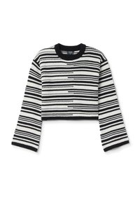 Gekürzter Pullover mit schwarz-weißen horizontalen Streifen, geripptem Rundhalsausschnitt und langen Ärmeln mit strukturiertem Strickmuster.