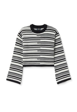 Gekürzter Pullover mit schwarz-weißen horizontalen Streifen, geripptem Rundhalsausschnitt und langen Ärmeln mit strukturiertem Strickmuster.