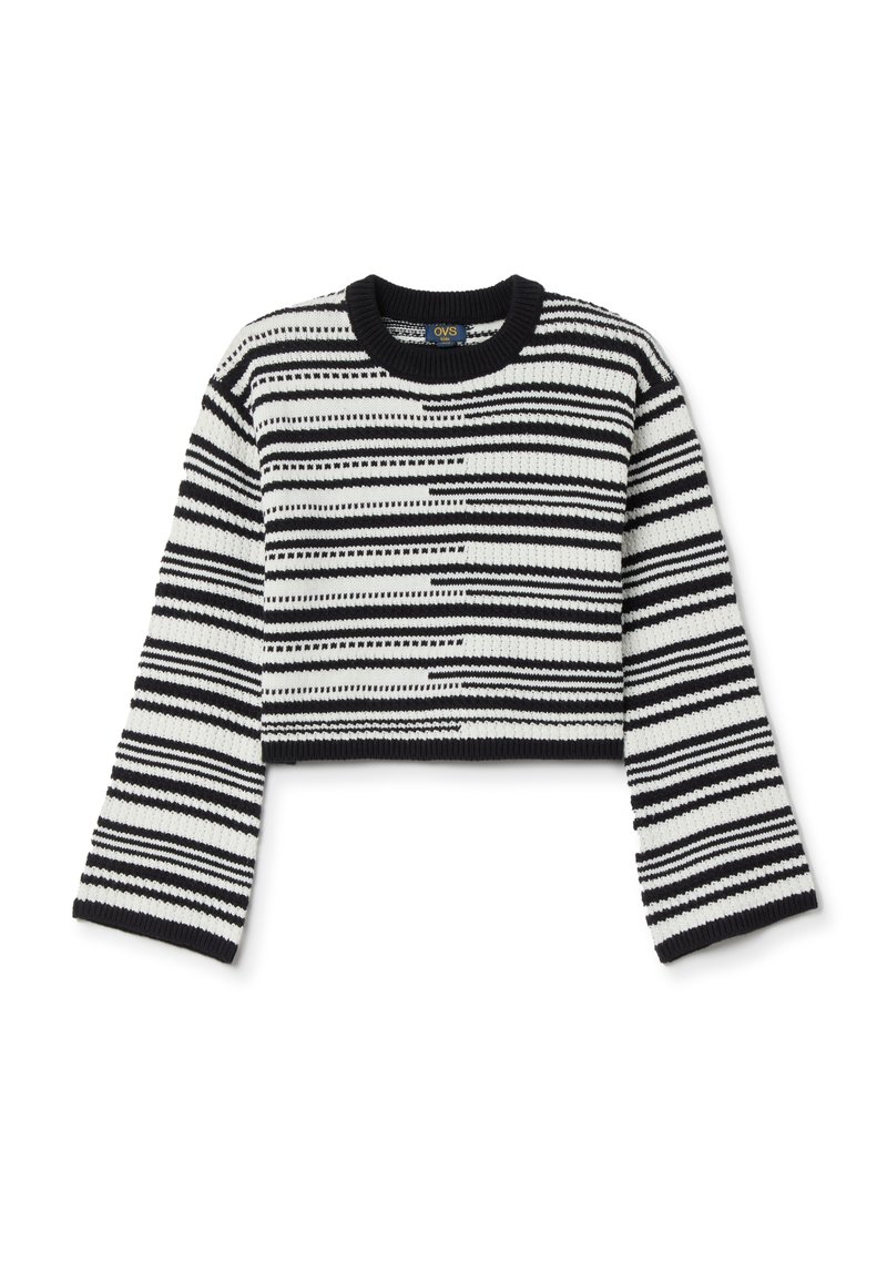 Gekürzter Pullover mit schwarz-weißen horizontalen Streifen, geripptem Rundhalsausschnitt und langen Ärmeln mit strukturiertem Strickmuster.