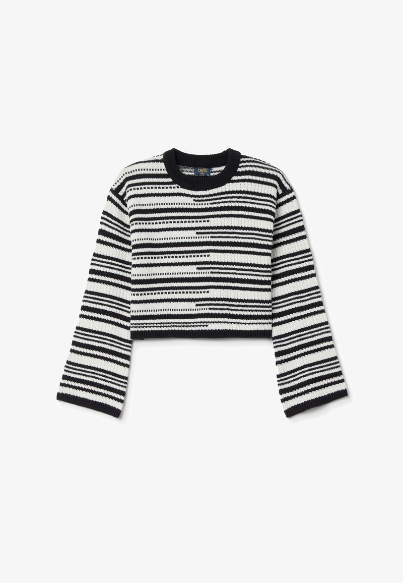 Gekürzter Pullover mit schwarz-weißen horizontalen Streifen, geripptem Rundhalsausschnitt und langen Ärmeln mit strukturiertem Strickmuster.