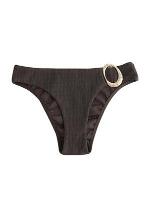 Dark brown textured bikini bottom with a gold oval ring detail on the right hip, isolated on a white background.