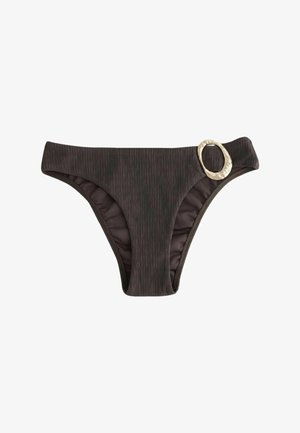 Dark brown textured bikini bottom with a gold oval ring detail on the right hip, isolated on a white background.