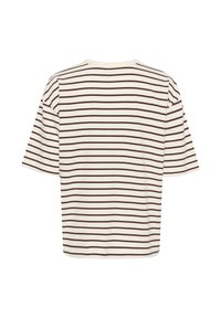 Short-sleeve, crew-neck t-shirt in cream with thin brown stripes. Soft fabric, relaxed fit, stitched hem, and no visible logos or embellishments.