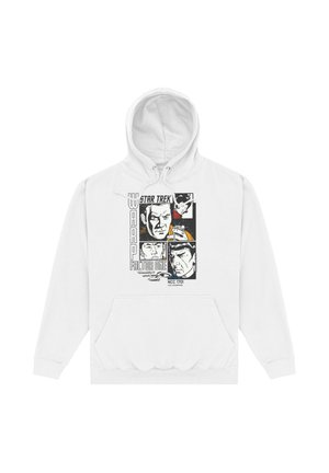 Weißer Hoodie mit Star Trek Comic-Gesichtern, „Warp Factor One“ und USS Enterprise NCC 1701 vorne aufgedruckt.