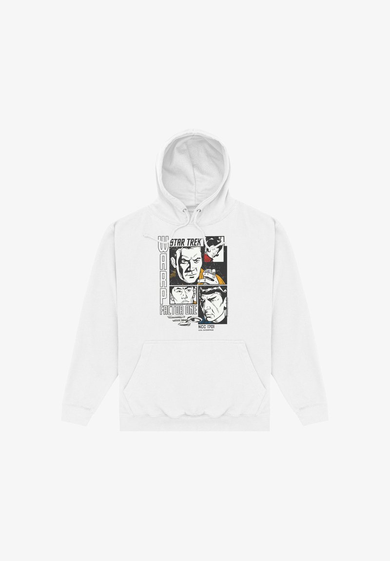 Sweat à capuche blanc avec visages style bande dessinée de Star Trek, « Warp Factor One » et USS Enterprise NCC 1701 imprimés sur le devant.