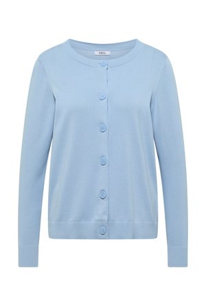 Hellblauer Langarmstrickjacke mit Rundhalsausschnitt und sechs Knöpfen vorne, gerippte Ärmelbündchen und Saum, mit dem Etikett "CECIL".