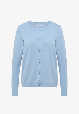 Jasnoniebieski kardigan z długim rękawem, okrągłym dekoltem i sześcioma guzikami z przodu, z prążkowanymi mankietami i dołem, z metką "CECIL".
