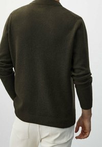 Maglione lavorato a maglia di un verde scuro, con scollo tondo e maniche lunghe. L'orlo e i polsini sono a coste. La vista mostra il retro e il lato del capo.