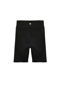 Pantalones cortos deportivos negros hechos de un tejido elástico. Presenta una banda ancha y elástica en la cintura y un pequeño logotipo en el centro de la parte posterior.