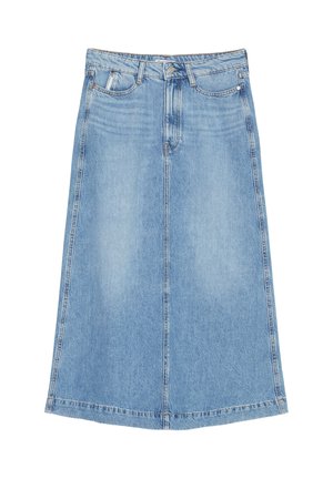 Light blue denim midi skirt with a straight cut, front center seam, five pockets, and metal button closure on the waistband.