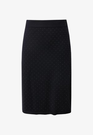 Gebreide kokerrok in donkerblauw met subtiele witte stippen. Bevat een brede elastische tailleband en heeft een rechte snit, met een gladde textuur door het hele oppervlak.