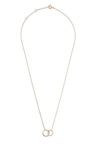 Collier en tonalité dorée avec une fine chaîne et deux pendentifs circulaires entrelacés. Le design est minimaliste et lisse, avec une finition délicate.