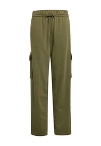 Pantaloni cargo verde oliva con una comoda cintura elastica, dettaglio con coulisse e tasche laterali utili. Tessuto morbido con vestibilità rilassata.