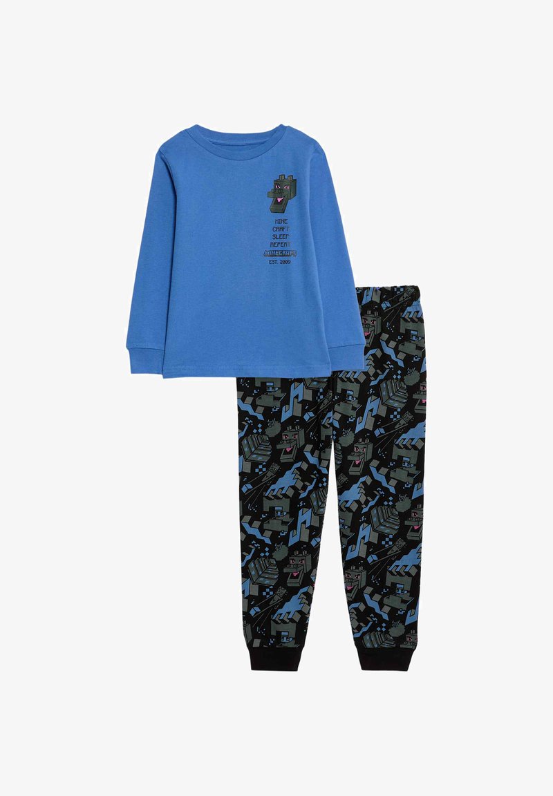 Conjunto de pijama de dos piezas; parte superior de manga larga de color azul con texto gráfico y un personaje; pantalones negros con patrones pixelados coloridos. Material de algodón.