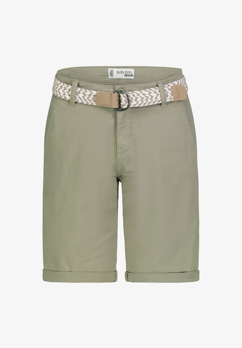 Olive green shorts with rolled cuffs, made of lightweight fabric. Features a woven cream and beige belt with a silver buckle.