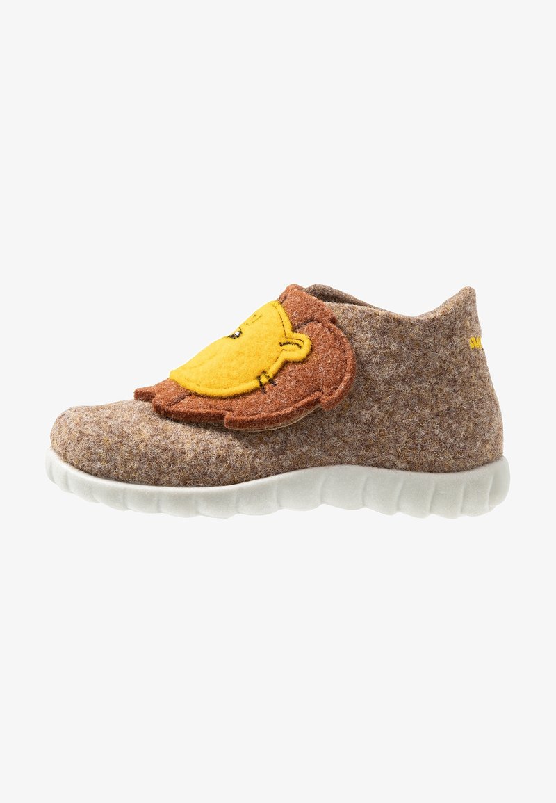 Brown felt slipper with a thick white sole, featuring a lion face design in yellow and brown on the upper side. Soft texture throughout.