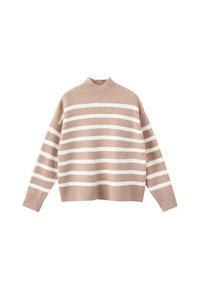 Maglione a righe beige con strisce orizzontali bianche, dotato di un collo alto a coste e maniche ampie, realizzato in morbido tessuto a maglia.