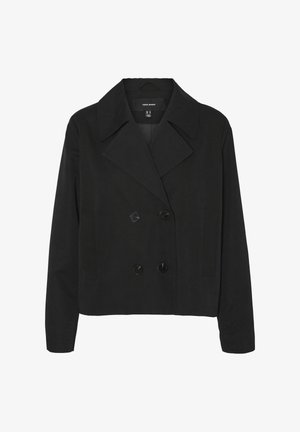 Sacou negru cu două rânduri de nasturi, cu guler ascuțit, având două buzunare frontale și nasturi negri, fabricat dintr-o țesătură fină.