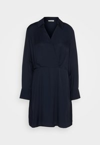 Dunkelblaues Kleid mit V-Ausschnitt, langen Ärmeln und geknöpften Manschetten. Hergestellt aus glattem Stoff mit lockerem Schnitt und Wickel-Design.