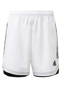 Shorts sportivi bianchi realizzati in un tessuto dalla texture liscia. Presentano strisce laterali nere e un logo ricamato in basso a destra.