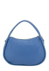 Borsa a mano in pelle blu con forma curva, chiusura a zip superiore e un manico rotondo singolo. Texture liscia con una leggera lucentezza.