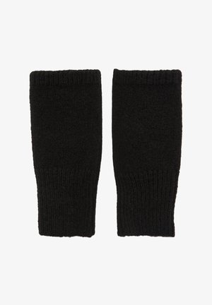 Guanti senza dita neri lavorati a maglia con texture a coste e aperture. Presentano un design semplice senza fantasie o decorazioni.