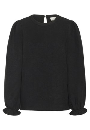 Schwarzes Langarmshirt mit rundem Halsausschnitt, strukturiertem Stoff, puffigen Ärmeln und gerüschten Manschetten; verfügt über einen Schlüsselaugenverschluss hinten.