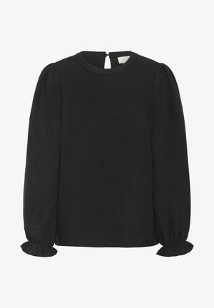 Schwarzes Langarmshirt mit rundem Halsausschnitt, strukturiertem Stoff, puffigen Ärmeln und gerüschten Manschetten; verfügt über einen Schlüsselaugenverschluss hinten.