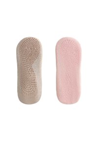 Två innersulor: en beige med texturerad greppmönster, den andra ljusrosa med slät yta. Båda har rundade kanter och dämpat material.