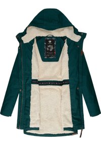 Teal jacket with a hood, lined with soft cream faux fur. Features a zip closure, snap buttons, and a black patterned label inside.